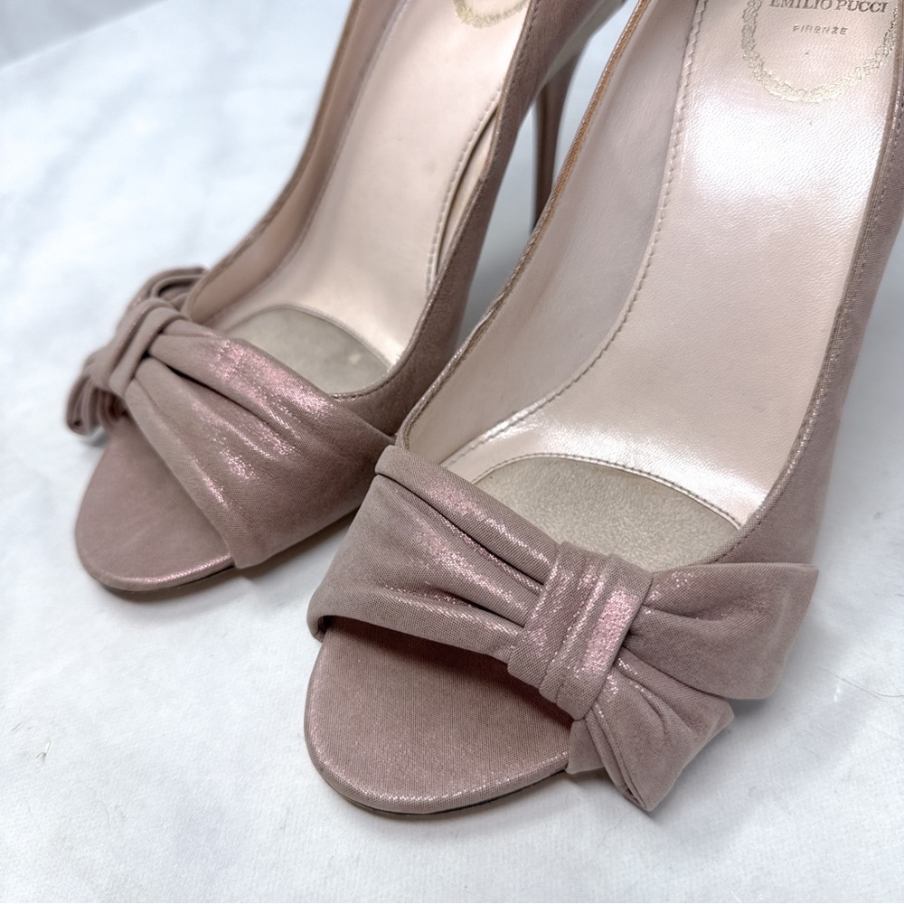 Emilio Pucci Vintage Y2K Metallic Pearlescent Bow Glitter Stiletto Heel Pumps 38 - Picture 4 of 16